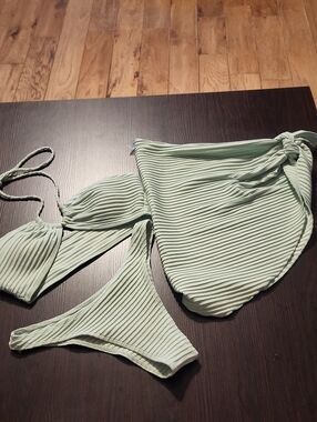 Ribbed Light Mint Bikini Set with Sarong